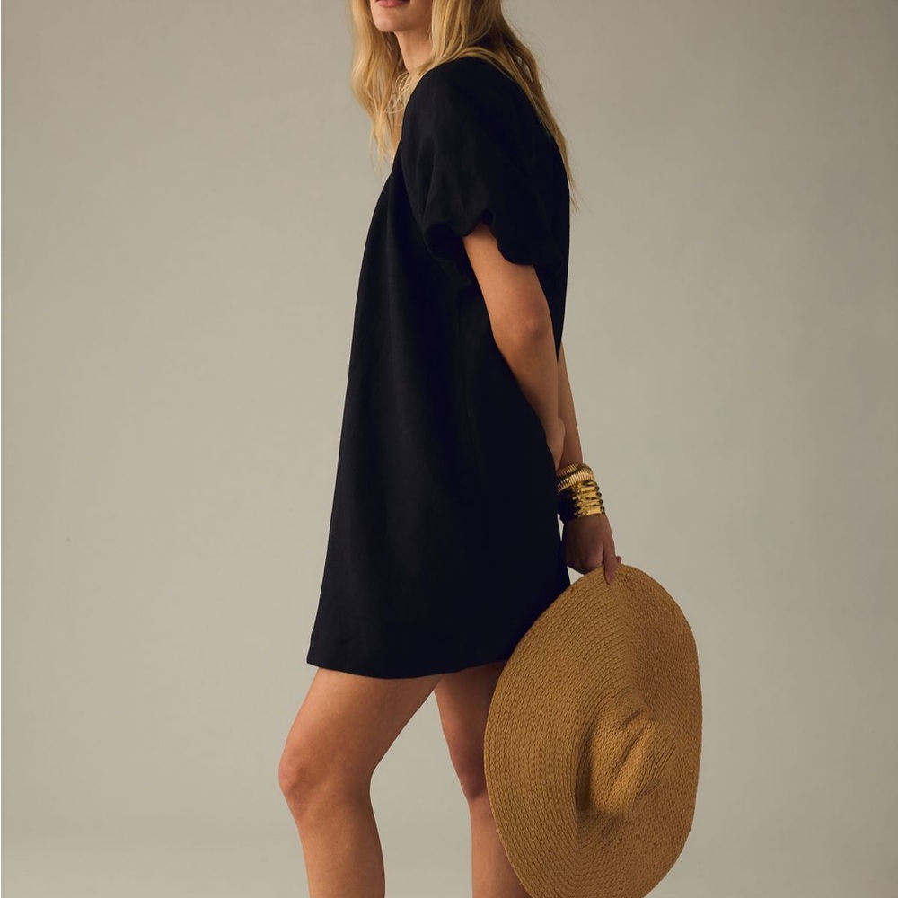 BY ANTHROPOLOGIE EUC One Shoulder Waistless Mini Dress Linen Blend M Black - Picture 5 of 11